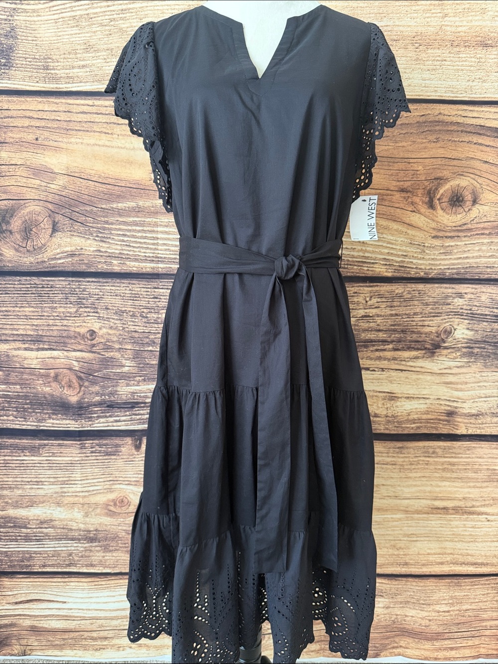 Nine West Black Eyelet-Tiered Midi Dress with Waist Tie